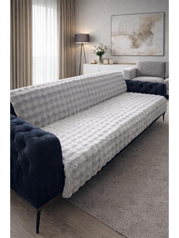Çeyiz Diyarı Bubble Tavşan Tüyü Kaymaz Tabanlı Koltuk Örtüsü 170x215 Cm Gri