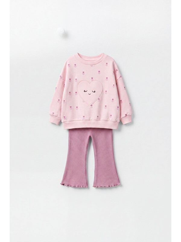 Magu Kız Çocuk Kalp Detaylı Pembe Sweatshirt Ve İspanyol Paça Tayt Takımı