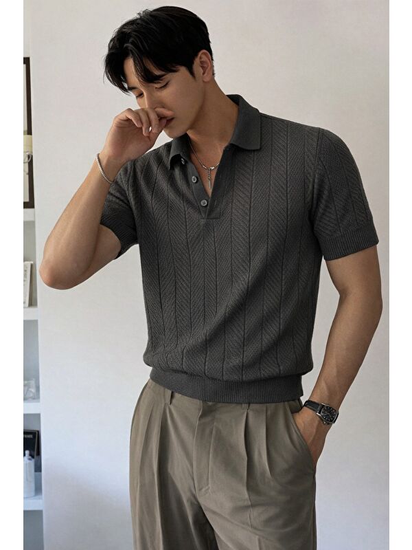 Tarz Cool Erkek Triko Polo Yaka Tişört Slim İnce Dokulu Basic Triko T-Shirt