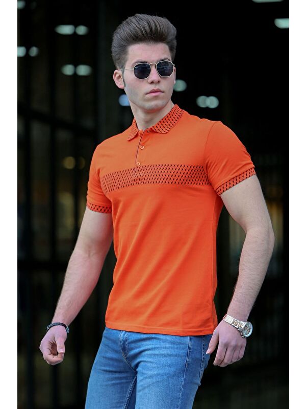 Madmext Turuncu Desenli Polo Yaka Erkek Tişört 3058-6