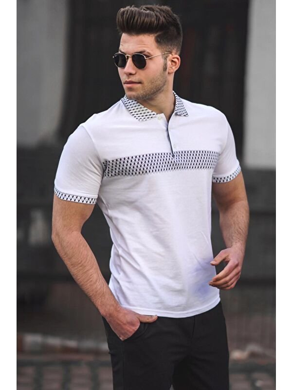 Madmext Beyaz Desenli Polo Yaka Erkek Tişört 3058-7