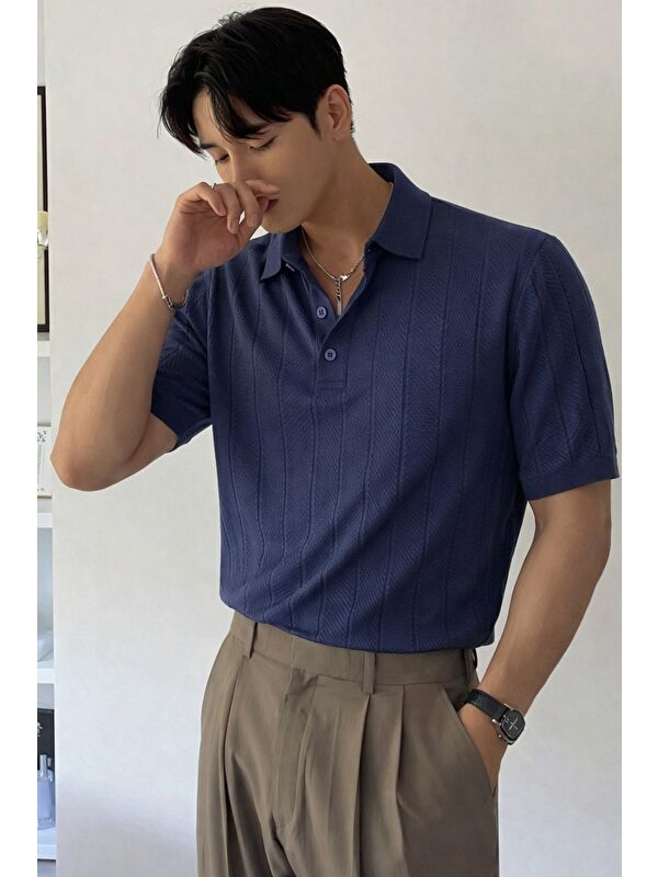 Tarz Cool Erkek Triko Polo Yaka Tişört Slim İnce Dokulu Basic Triko T-Shirt