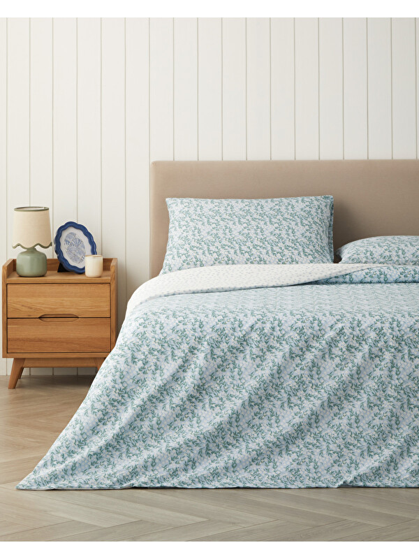English Home Chirping Bloom Kolay Ütülenir Çift Kişilik Nevresim Seti 200x220 cm Mavi - Yeşil