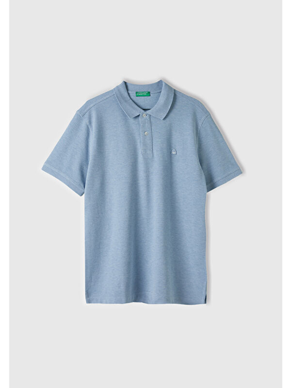United Colors Of Benetton Erkek Açık Mavi %100 Pamuk Göğsü Logo İşlemeli Düğmeli Polo Tişört