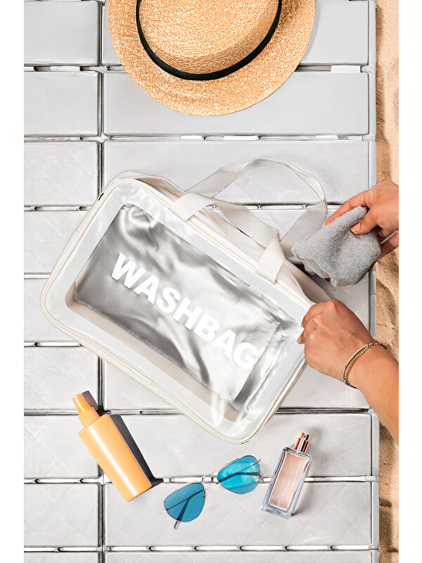Porsima 3142-1 Şeffaf - Beyaz Seyahat ve Makyaj Çantası Su Geçirmez Organizer Washbag 20x30cm