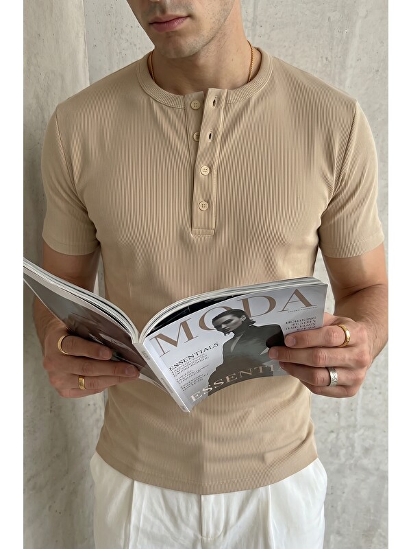 Livio Ferri Liiri %100 Pamuk Premium Fitilli Henley Yaka Yarım Düğmeli Regular Fit Basic Yazlık Erkek Tişört