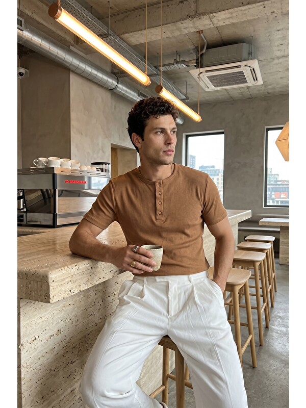 Livio Ferri Liiri %100 Pamuk Premium Fitilli Henley Yaka Yarım Düğmeli Regular Fit Basic Yazlık Erkek Tişört