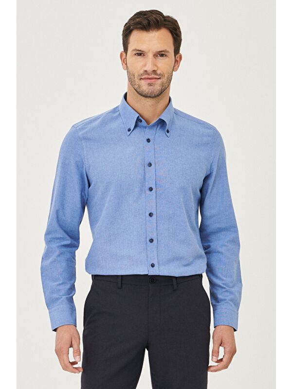 AC&Co / Altınyıldız Classics Erkek Koyu Mavi Slim Fit Dar Kesim Düğmeli Yaka Pamuklu Oxford Gömlek