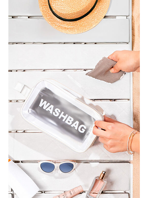 Porsima 3140-1 Şeffaf - Beyaz Seyahat ve Makyaj Çantası Su Geçirmez Organizer Washbag 21x13cm