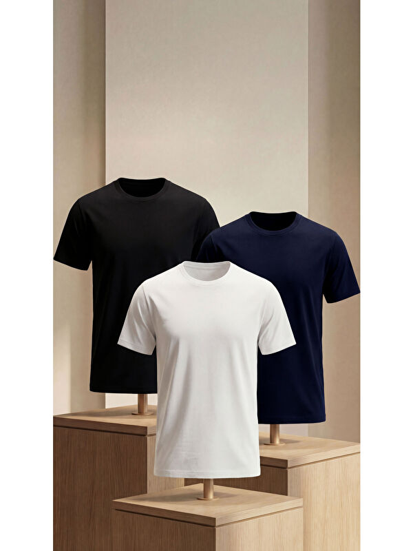 Etikmen Premium %100 Organik Pamuk 3'li Beyaz - Siyah - Lacivert Basic Slimfit Erkek Tişört