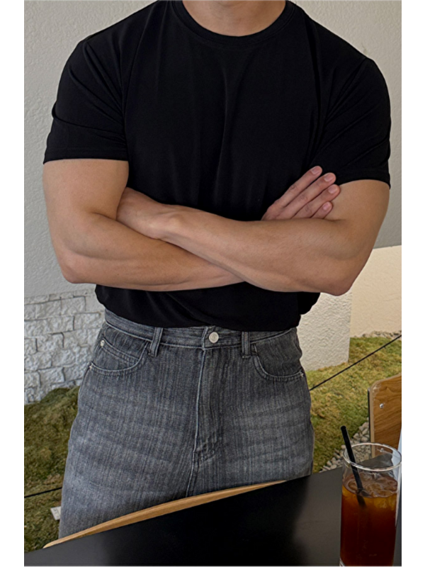 Tarz Cool Erkek Slim Fit Dar Kesim %100 Pamuklu Basic Örme Siyah Tişört