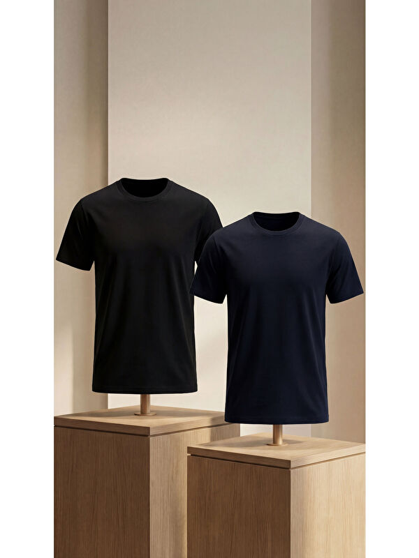 Etikmen Premium %100 Organik Pamuk 2'li Siyah-Lacivert Basic Slimfit Erkek Tişört