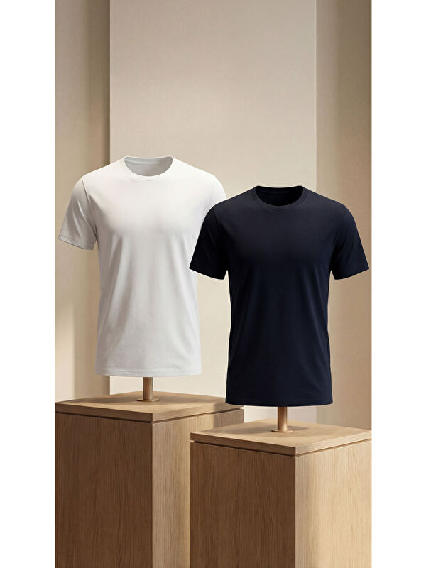 Etikmen Premium %100 Organik Pamuk 2'li Lacivert-Beyaz Basic Slimfit Erkek Tişört