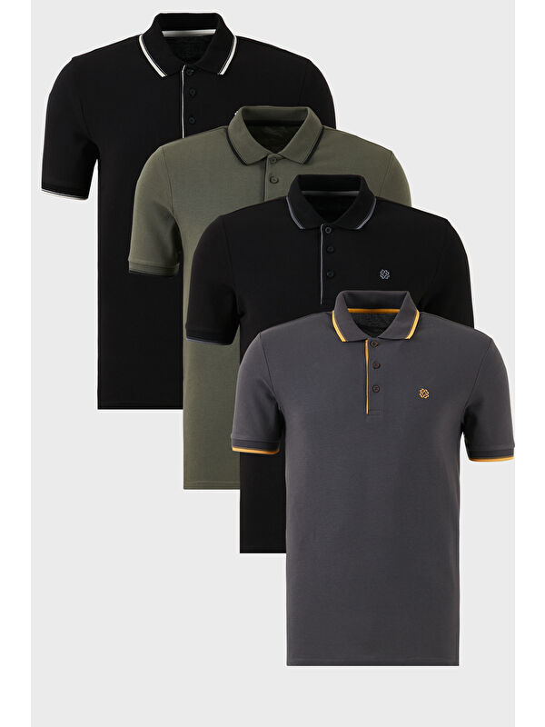 Buratti Pamuklu Slim Fit Şerit Detaylı Düğmeli Polo Yaka 4'lü Paket %100 Pamuk Tişört 5902118S4