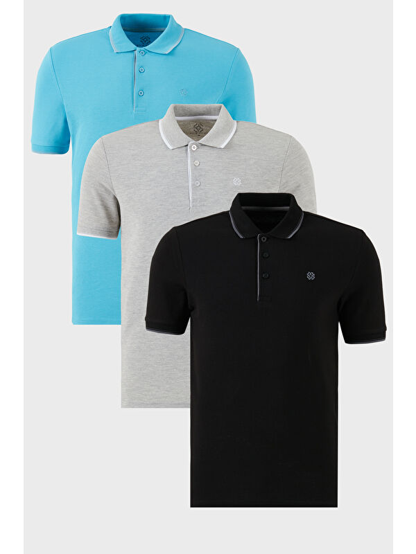 Buratti Pamuklu Slim Fit Şerit Detaylı Düğmeli Polo Yaka 3'lü Paket %100 Pamuk Tişört 5902118S3