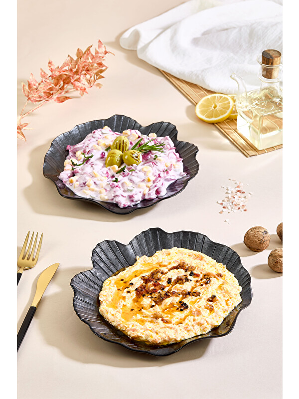 Lora Bianca Maris 2 Parça Siyah Büyük Deniz Kabuğu Cam Meze Servis Tabağı Seti - 2 Adet