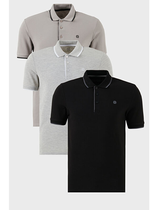 Buratti Pamuklu Slim Fit Şerit Detaylı Düğmeli Polo Yaka 3'lü Paket %100 Pamuk Tişört 5902118S3
