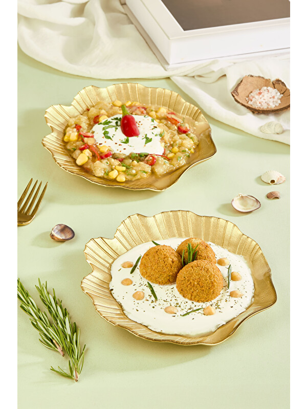 Lora Bianca Maris 2 Parça Gold Büyük Deniz Kabuğu Cam Meze Servis Tabağı Seti - 2 Adet