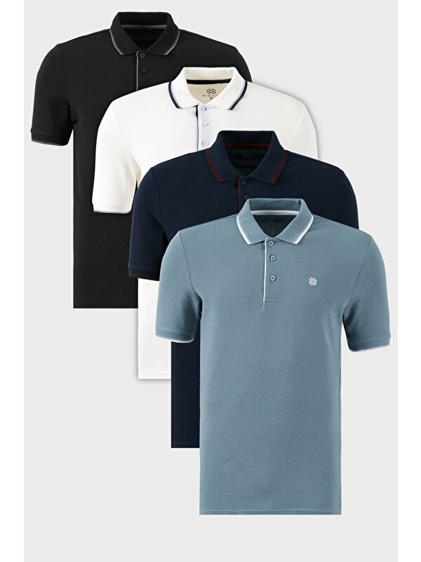 Buratti Pamuklu Slim Fit Şerit Detaylı Düğmeli Polo Yaka 4'lü Paket %100 Pamuk Tişört 5902118S4