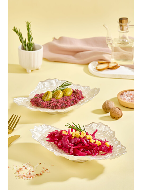 Lora Bianca Ostra 2 Parça Beyaz Kabuk Formlu Cam Meze Servis Tabağı Seti - 2 Adet