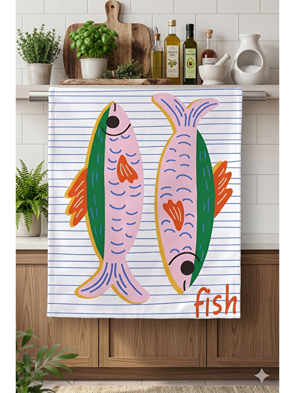 Asdiva FISH-02 Çizgili Zeminli Renkli Balık Desenli Dekoratif Modern Mutfak Havlusu/Kurulama Bezi 35x55