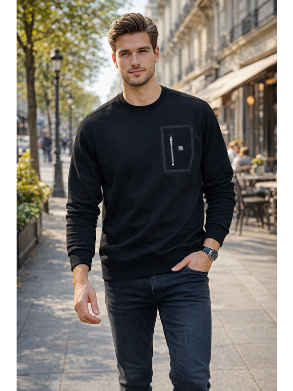 Remsa Erkek Fermuar Detay Bisiklet Yaka Pamuklu Sweatshirt 24722 Siyah