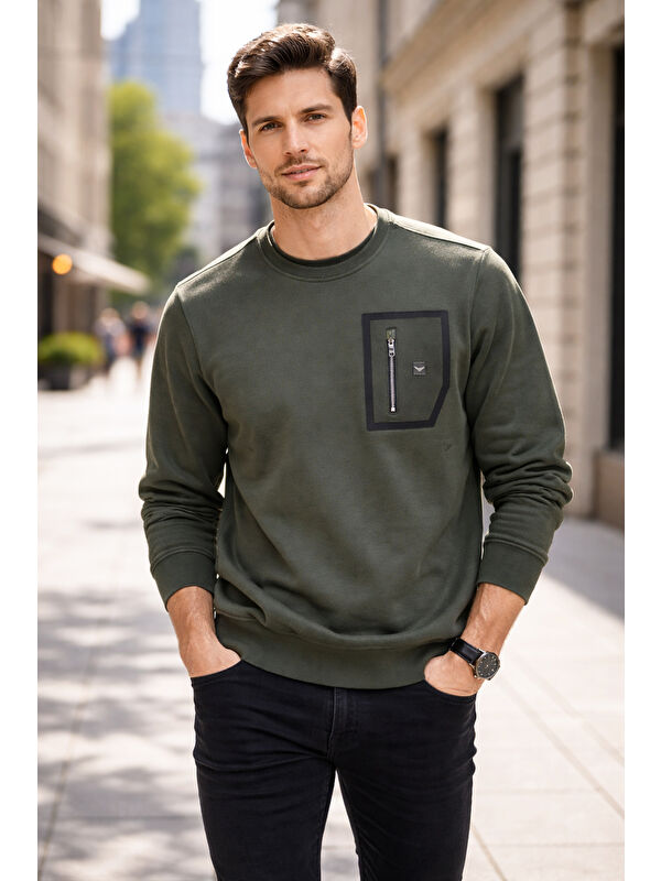 Remsa Erkek Fermuar Detay Bisiklet Yaka Pamuklu Sweatshirt 24722 Haki