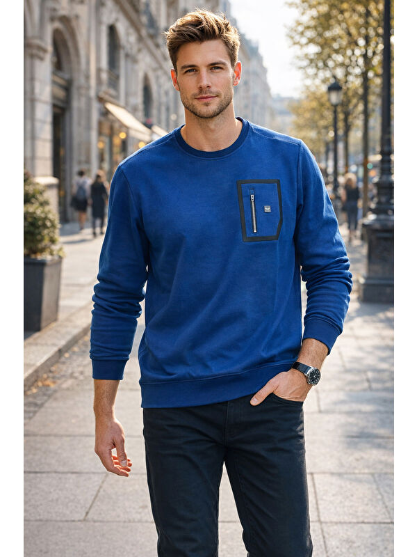 Remsa Erkek Fermuar Detay Bisiklet Yaka Pamuklu Sweatshirt 24722 İndigo