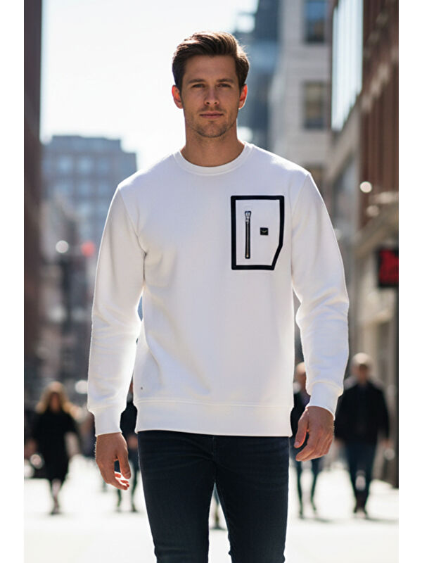 Remsa Erkek Fermuar Detay Bisiklet Yaka Pamuklu Sweatshirt 24722 Ekru