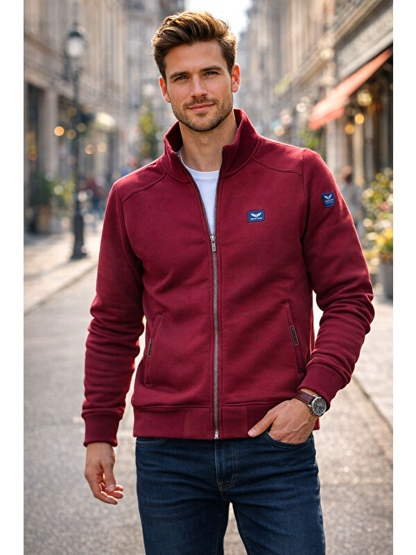 Remsa Üç İplik Şardonlu Pamuklu Önü Tek Üst Erkek Fermuarlı Sweatshirt Hırka 0347 Bordo