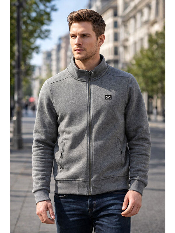 Remsa Üç İplik Şardonlu Pamuklu Önü Tek Üst Erkek Fermuarlı Sweatshirt Hırka 0347 Antrasit