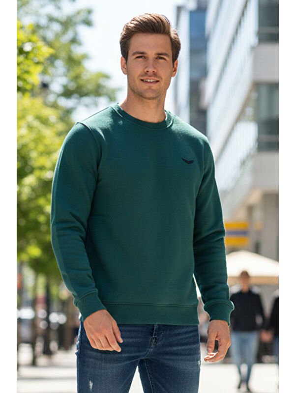 Remsa Erkek İçi Şardonlu Bisiklet Yaka Pamuklu Sweatshirt 0319 Zümrüt Yeşil
