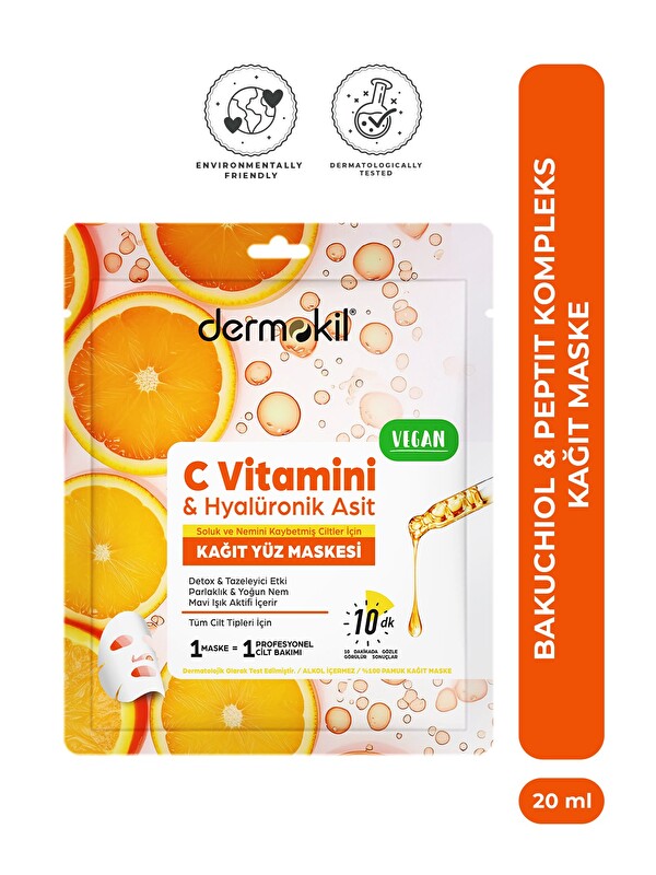 Dermokil C Vitamini & Hyalüronik Asit İçeren Kağıt Yüz Maskesi 20 ml