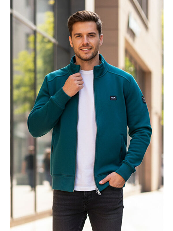 Remsa Üç İplik Şardonlu Pamuklu Önü Tek Üst Erkek Fermuarlı Sweatshirt Hırka 0347 Zümrüt Yeşil