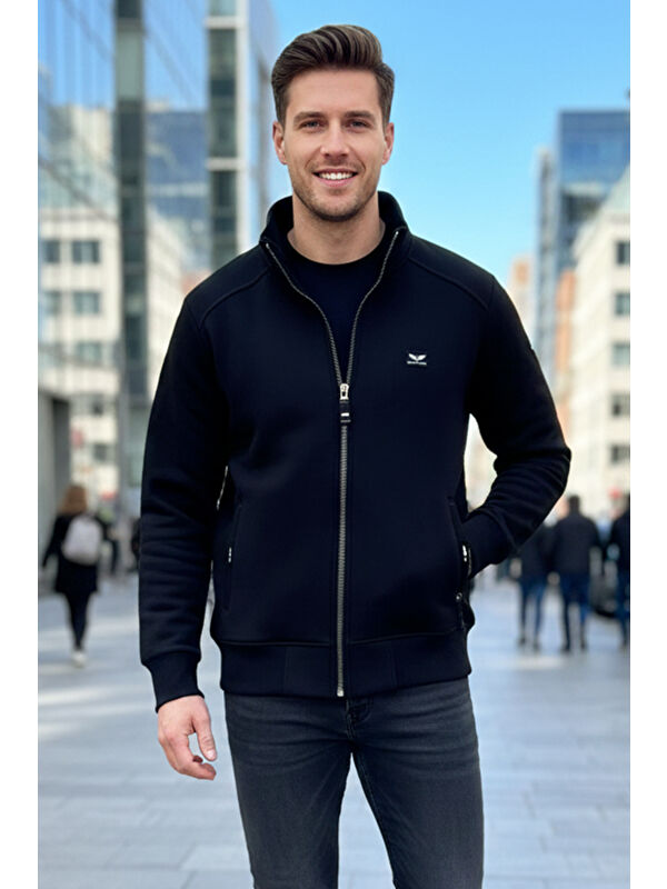 Remsa Üç İplik Şardonlu Pamuklu Önü Tek Üst Erkek Fermuarlı Sweatshirt Hırka 0347 Siyah