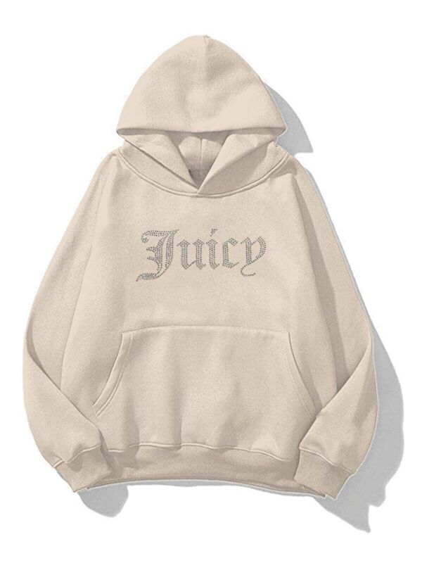 Trendseninle Kadın Bej Elmas Fuicy Baskılı Oversize Kapüşonlu Sweatshirt