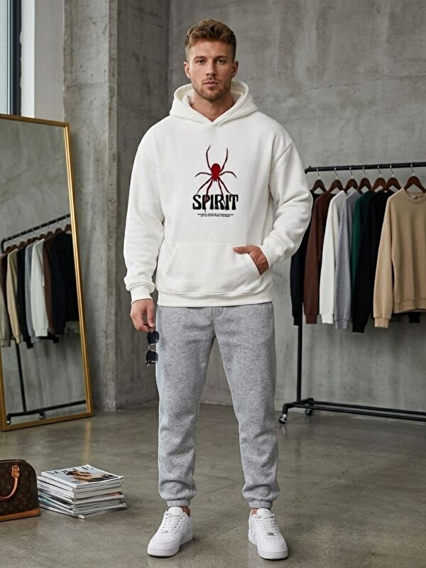 Trendseninle Beyaz Spirit Baskılı Oversize Kapüşonlu Erkek Hoodie