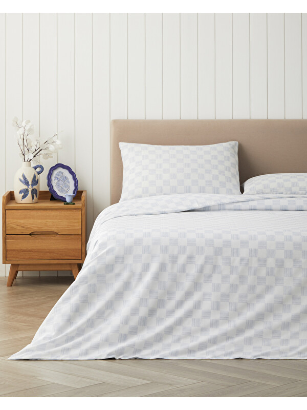 English Home Check Mate Kolay Ütülenir Çarşaflı Çift Kişilik Nevresim Takımı 200x220 cm Mavi