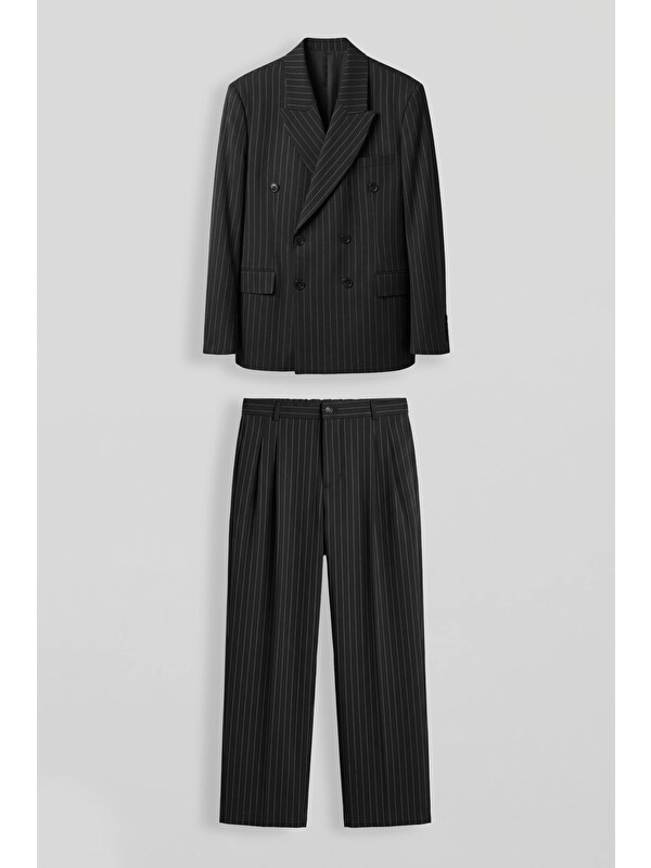 Abluka Online Erkek Oversize Kruvaze Çizgili Modern Takım Elbise Siyah
