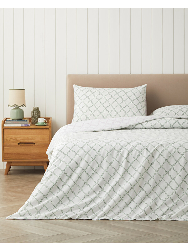 English Home Bloom Grid Kolay Ütülenir Çarşaflı Çift Kişilik Nevresim Takımı 200x220 cm Yeşil