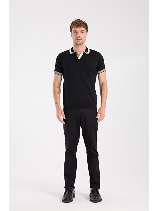 ABBATE Aclub Victor Örme Kumaş Viskon Karışımlı Slim Fit Siyah Polo Yaka Erkek Düz Polo Shirt