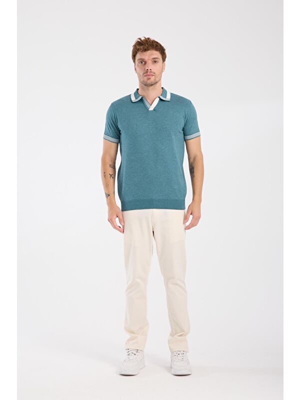 ABBATE Aclub Victor Örme Kumaş Viskon Karışımlı Slim Fit Petrol Polo Yaka Erkek Düz Polo Shirt