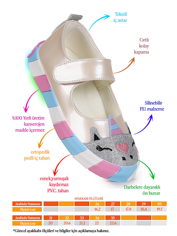 Kiko Kids Beyaz Kiko Kids Gilan Cirtli Işıklı Kız Çocuk Babet Ayakkabı