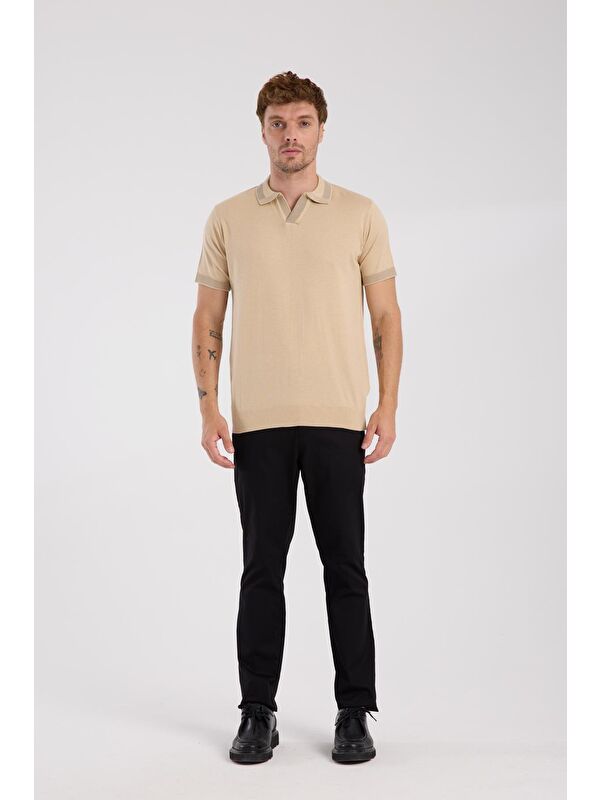 ABBATE Aclub Victor Örme Kumaş Viskon Karışımlı Slim Fit Koyu Bej Polo Yaka Erkek Düz Polo Shirt