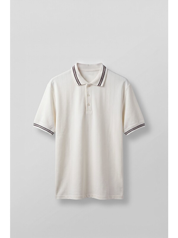 Abluka Online Erkek Oversize Kontrast Detaylı Triko Polo Yaka T-Shirt Ekru