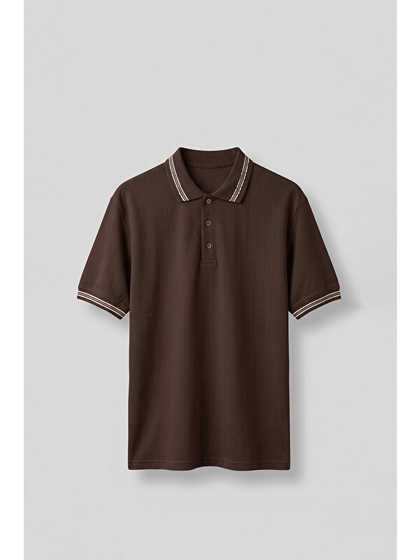 Abluka Online Erkek Oversize Kontrast Detaylı Triko Polo Yaka T-Shirt Kahverengi