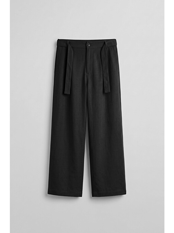 Abluka Online Erkek Yüksek Bel Kuşaklı Pamuklu Baggy Pantolon Siyah