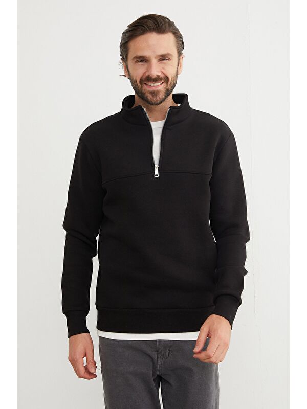 Fullamoda 3 İplik Basic Dik Yaka Yarım Fermuarlı Sweatshirt