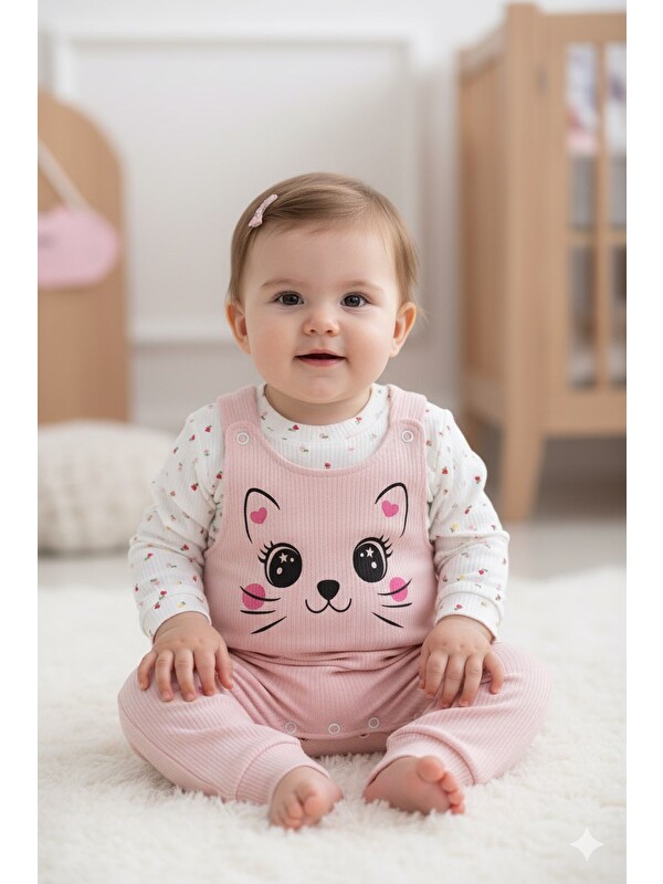 Ege Bebek Kız Bebek Fitilli Kedi Baskılı Tulum