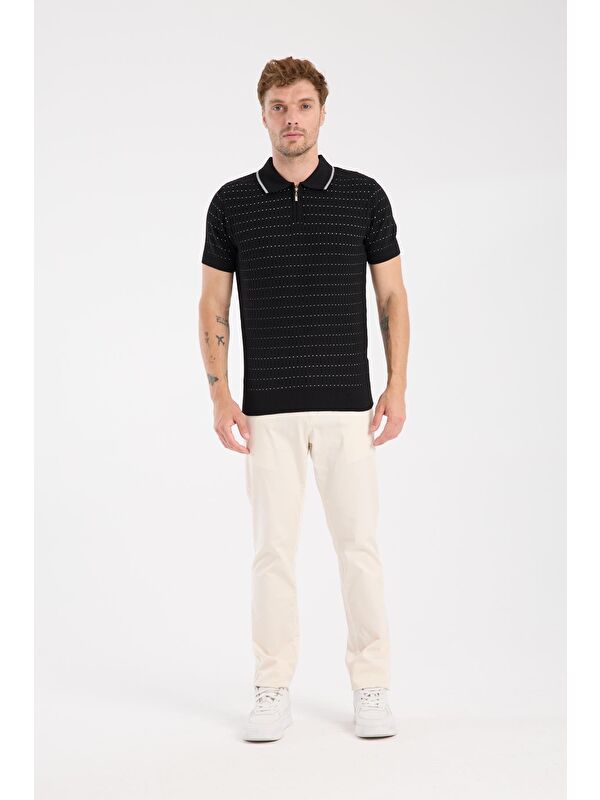 ABBATE Aclub Sierra Örme Kumaş Viskon Karışımlı Slim Fit Siyah Polo Yaka Erkek Düz Polo Shirt